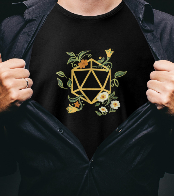 Polyhedral D20 Dice Floral Geeky Plant Nerdy T-Shirt