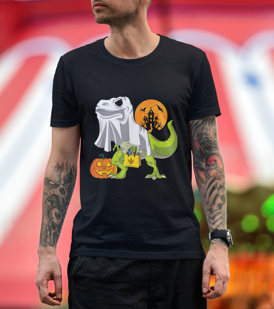 Ghost Dinosaur Trick-or-Treating with Pumpkin and Haunted House Moon T-Shirt
