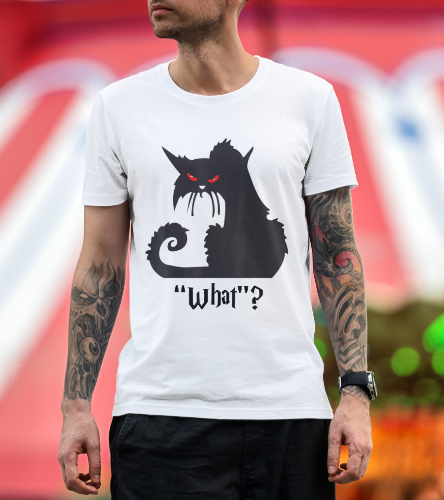 Black Cat With Red Eyes What? Halloween Funny Cat T-Shirt