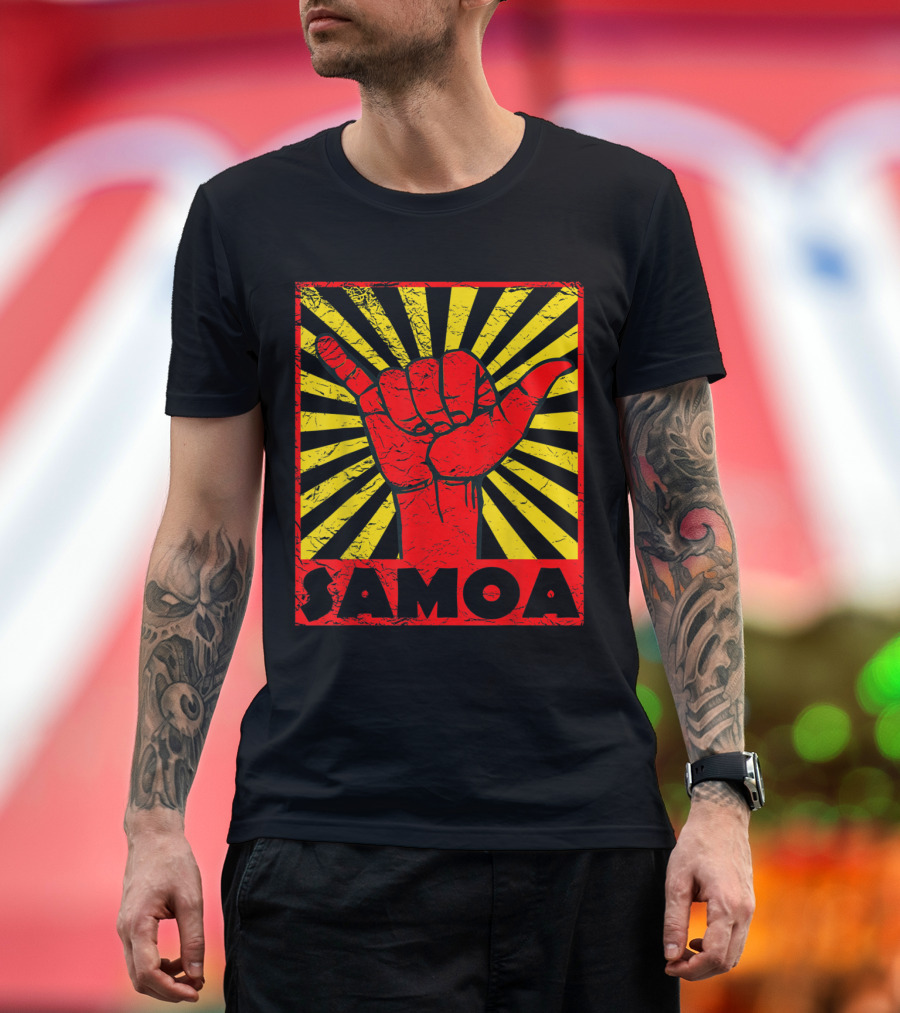 Samoa Shaka Hand Gesture with Vintage Sunburst Background T-Shirt