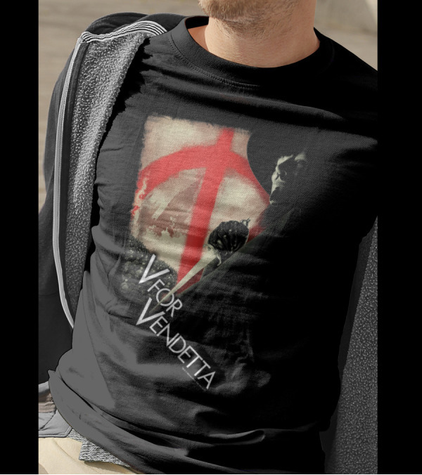 V For Vendetta Anarchist Mask Revolution With Red Symbol And Shadowy Figure T-Shirt