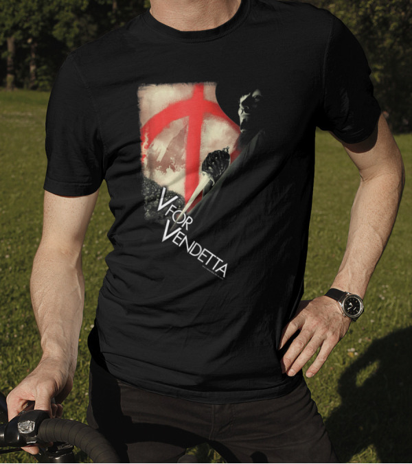 V For Vendetta Anarchist Mask Revolution With Red Symbol And Shadowy Figure T-Shirt