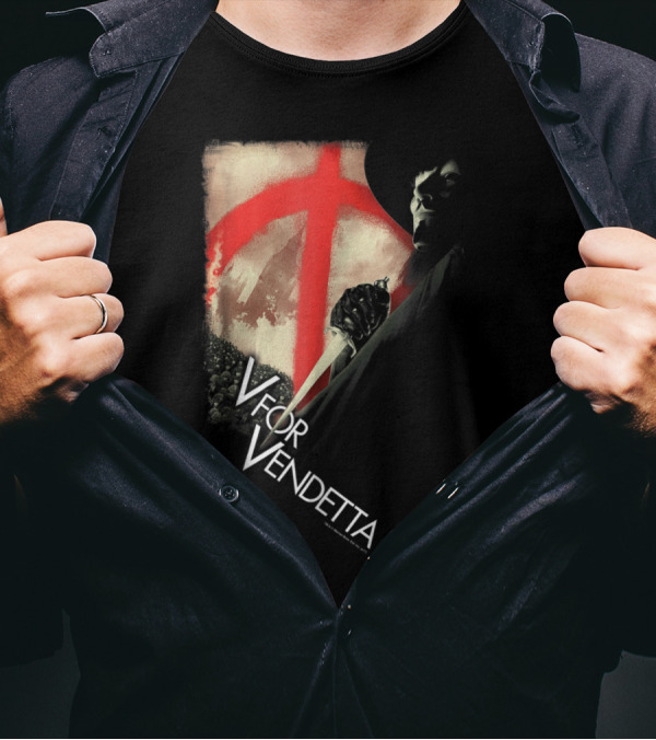 V For Vendetta Anarchist Mask Revolution With Red Symbol And Shadowy Figure T-Shirt