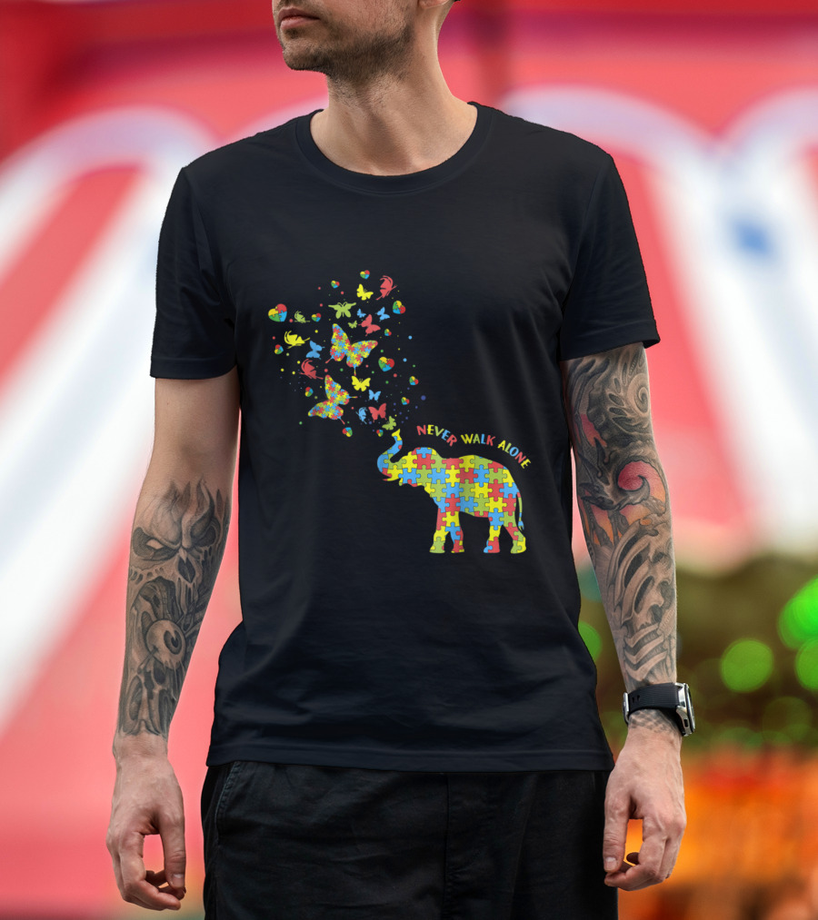 Never Walk Alone Elephant Butterflies Autism Awareness T-Shirt
