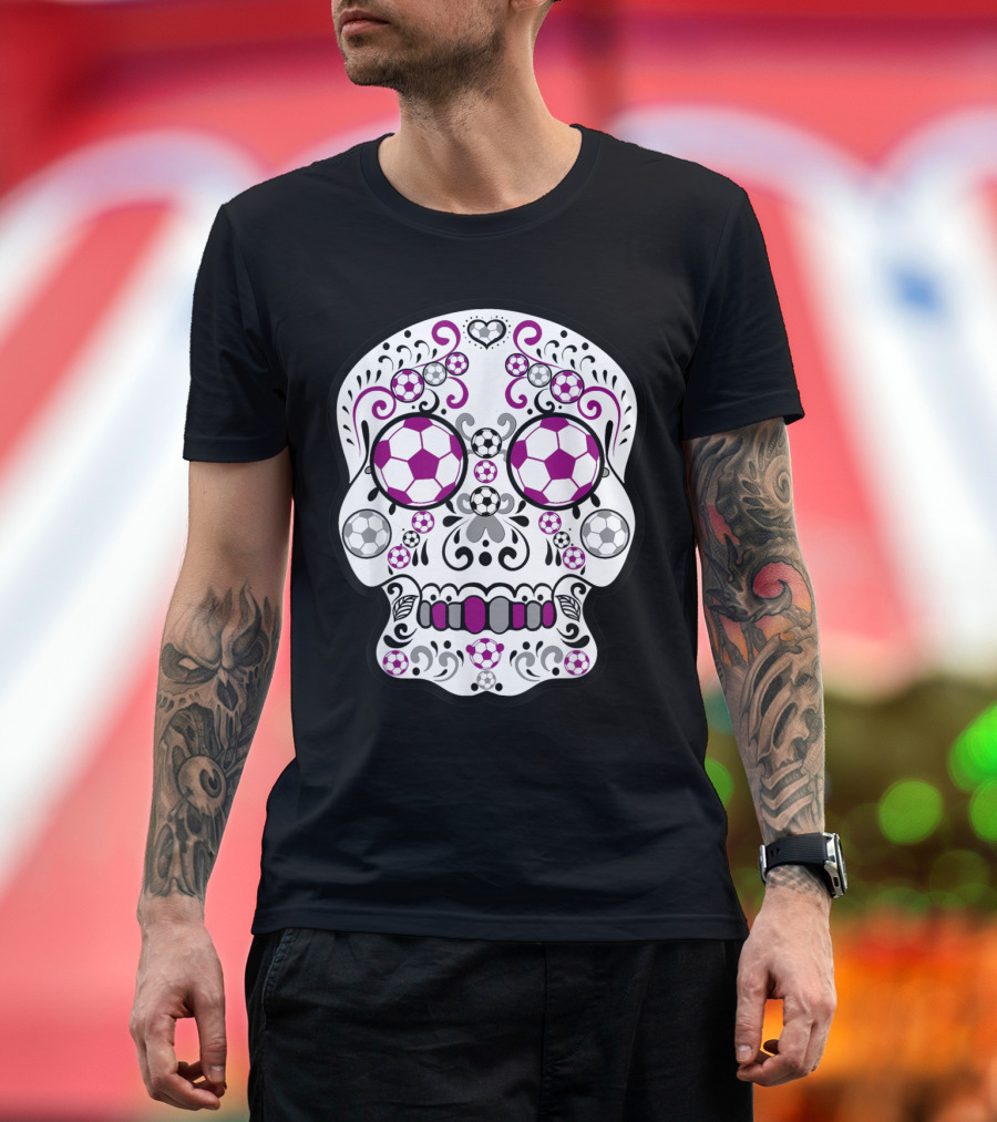 Maroon and Grey Soccer Day of the Dead Sugar Skull T-Shirt
