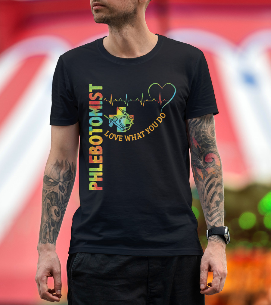 Phlebotomist Love What You Do Heartbeat Rainbow Cross Stethoscope T-Shirt