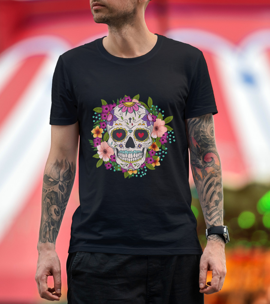 Flower Sugar Skull Day of the Dead Dia de los Muertos Floral T-Shirt
