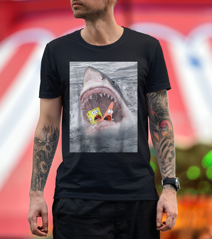 SpongeBob SquarePants Patrick Star Shark Attack Humorous Scene T-Shirt
