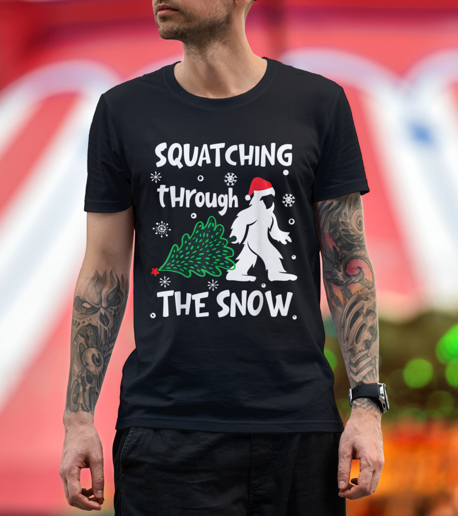 Squatching Through the Snow Christmas Sasquatch Santa Hat Tree T-Shirt