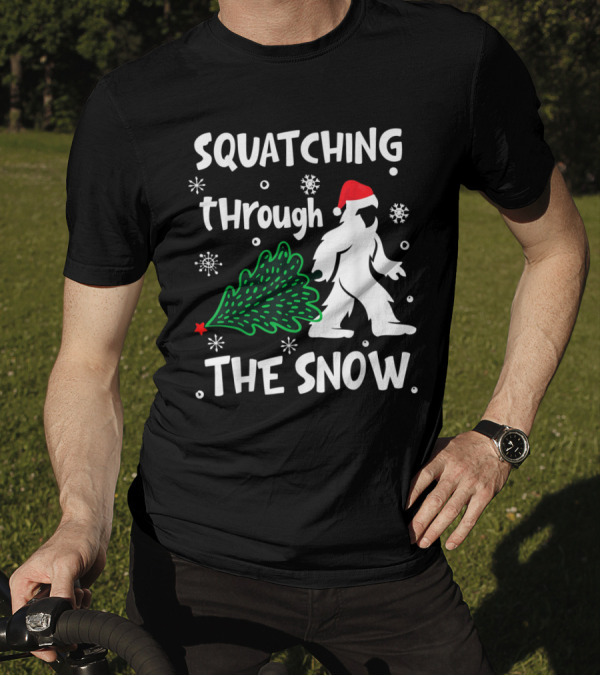 Squatching Through The Snow Christmas Sasquatch Santa Hat Tree T-Shirt