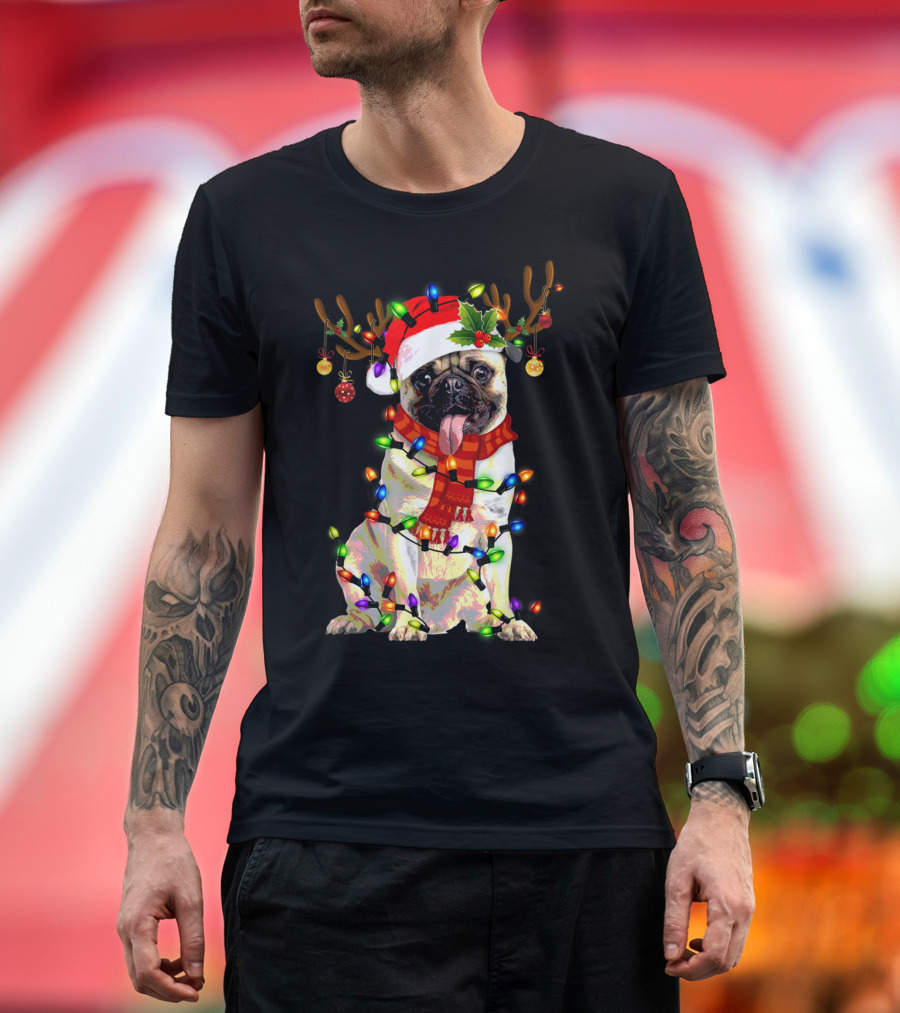 Pug Dog in Santa Hat with Reindeer Antlers and Christmas Lights T-Shirt