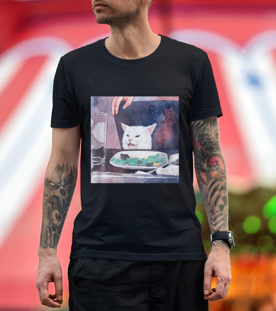 Woman Yelling at Cat Meme Watercolor Painting Table Dinner White Cat T-Shirt