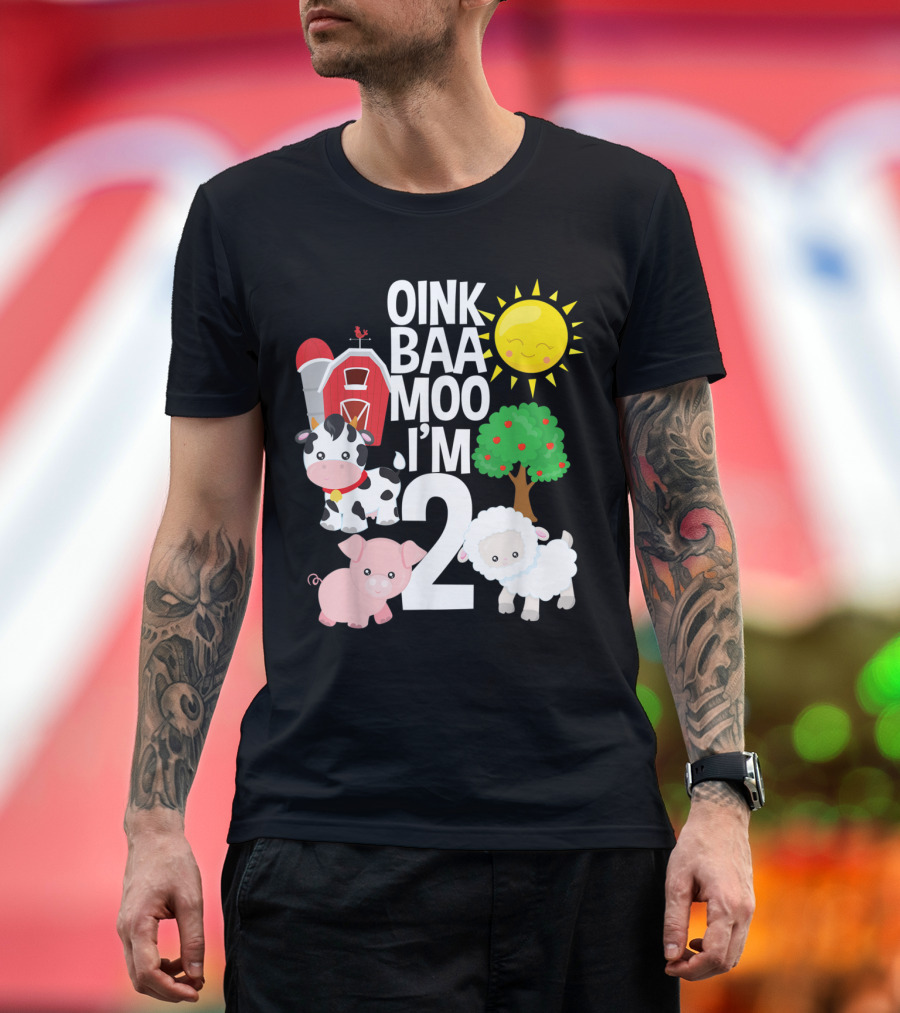 Oink Baa Moo I'm 2 Farm Theme Birthday Sun Barn Cow Pig Sheep Tree T-Shirt