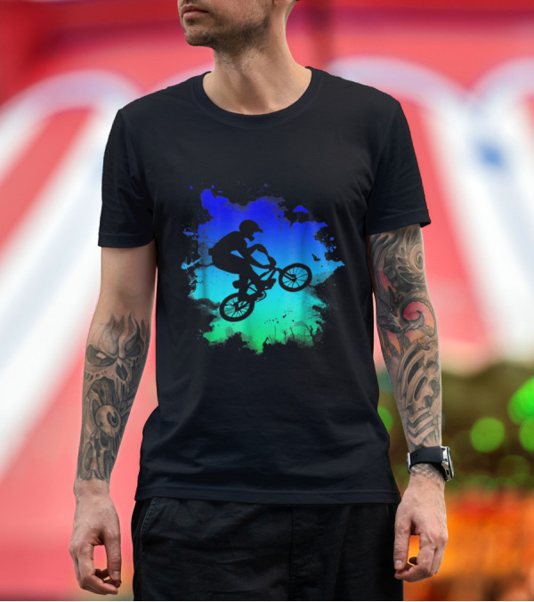 Premium T-Shirt: BMX Bike Rider Silhouette on Colorful Abstract Background T-Shirt BMX Bike Rider Silhouette on Colorful Abstract Background T-Shirt