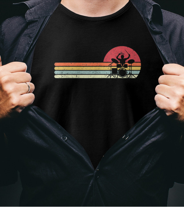 Retro Sunset Drummer Silhouette Drum Player T-Shirt