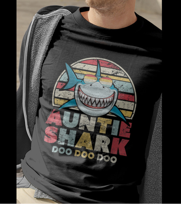 Auntie Shark Doo Doo Doo Retro Stripes T-Shirt