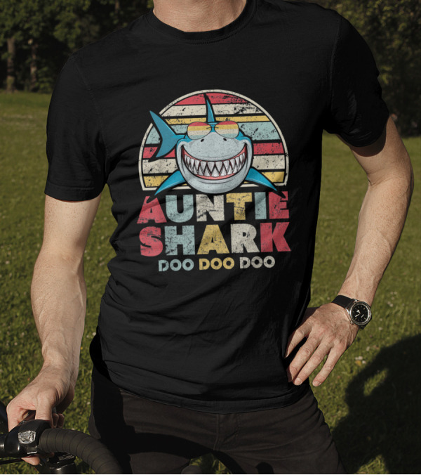 Auntie Shark Doo Doo Doo Retro Stripes T-Shirt
