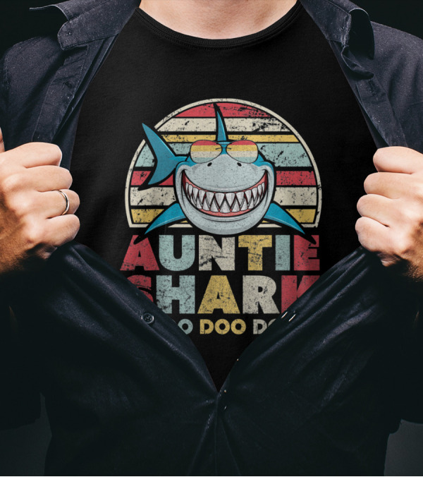 Auntie Shark Doo Doo Doo Retro Stripes T-Shirt