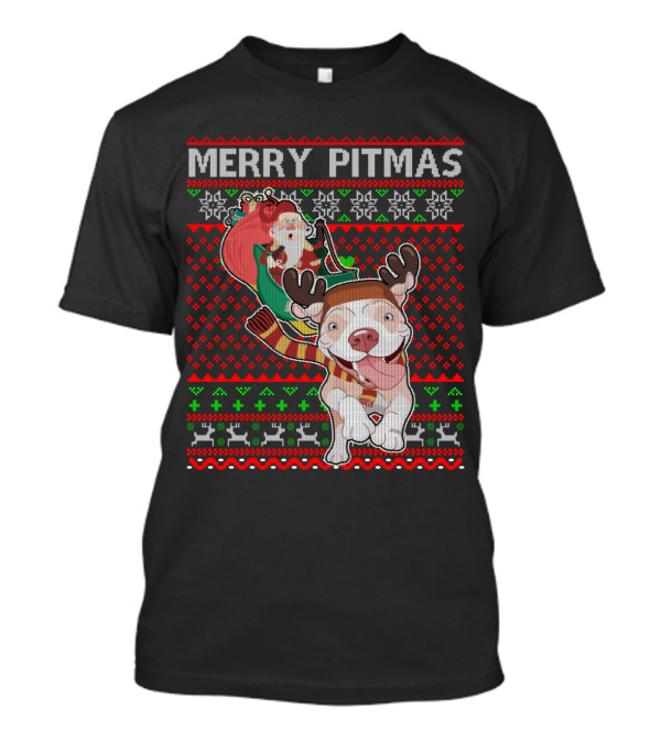 Merry Pitmas Ugly Christmas Sweater Pitbull Dog With Santa Hat And Reindeer Antlers T-Shirt