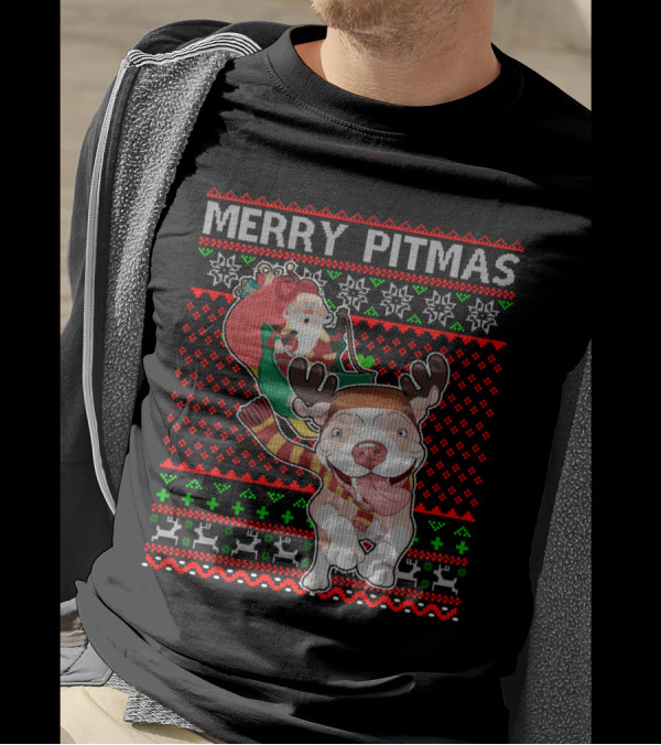 Merry Pitmas Ugly Christmas Sweater Pitbull Dog With Santa Hat And Reindeer Antlers T-Shirt