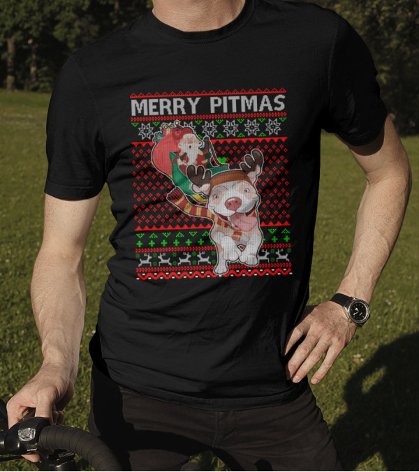 Merry Pitmas Ugly Christmas Sweater Pitbull Dog With Santa Hat And Reindeer Antlers T-Shirt