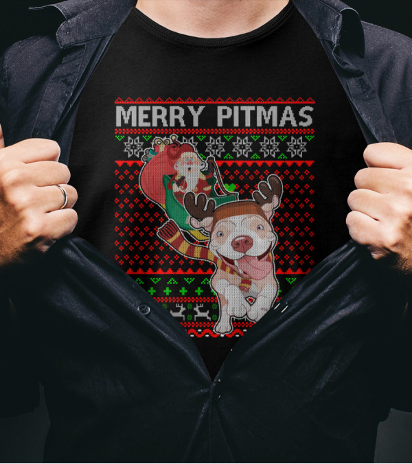 Merry Pitmas Ugly Christmas Sweater Pitbull Dog With Santa Hat And Reindeer Antlers T-Shirt