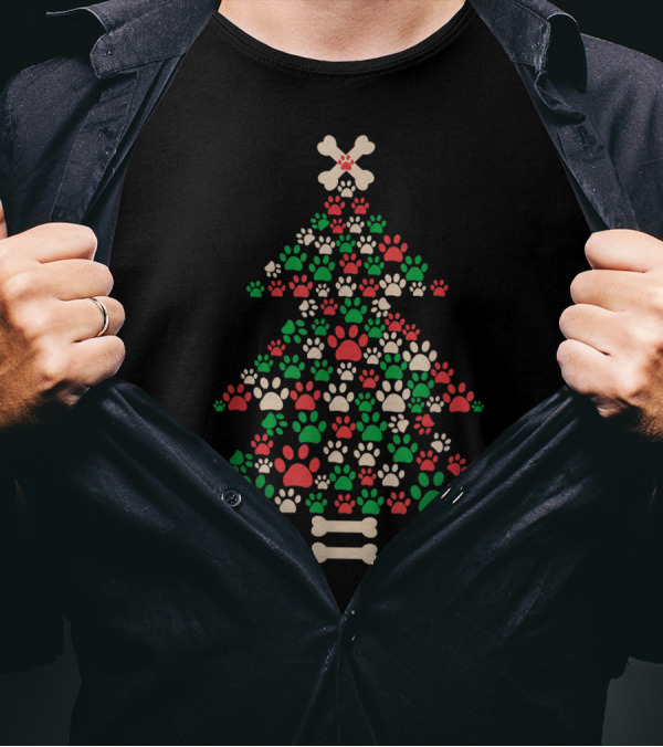 Christmas Tree Decorated With Bones And Paw Prints T-Shirt