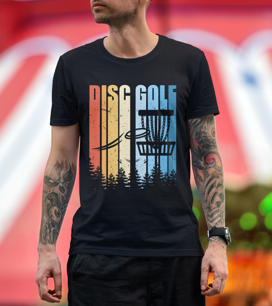 Retro Disc Golf Sunset with Basket and Trees T-Shirt