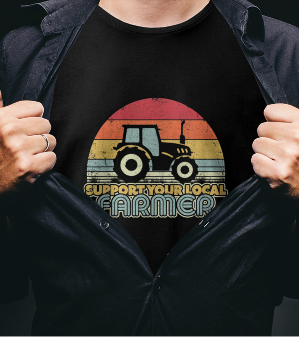 Support Your Local Farmer Vintage Tractor Retro Stripe T-Shirt