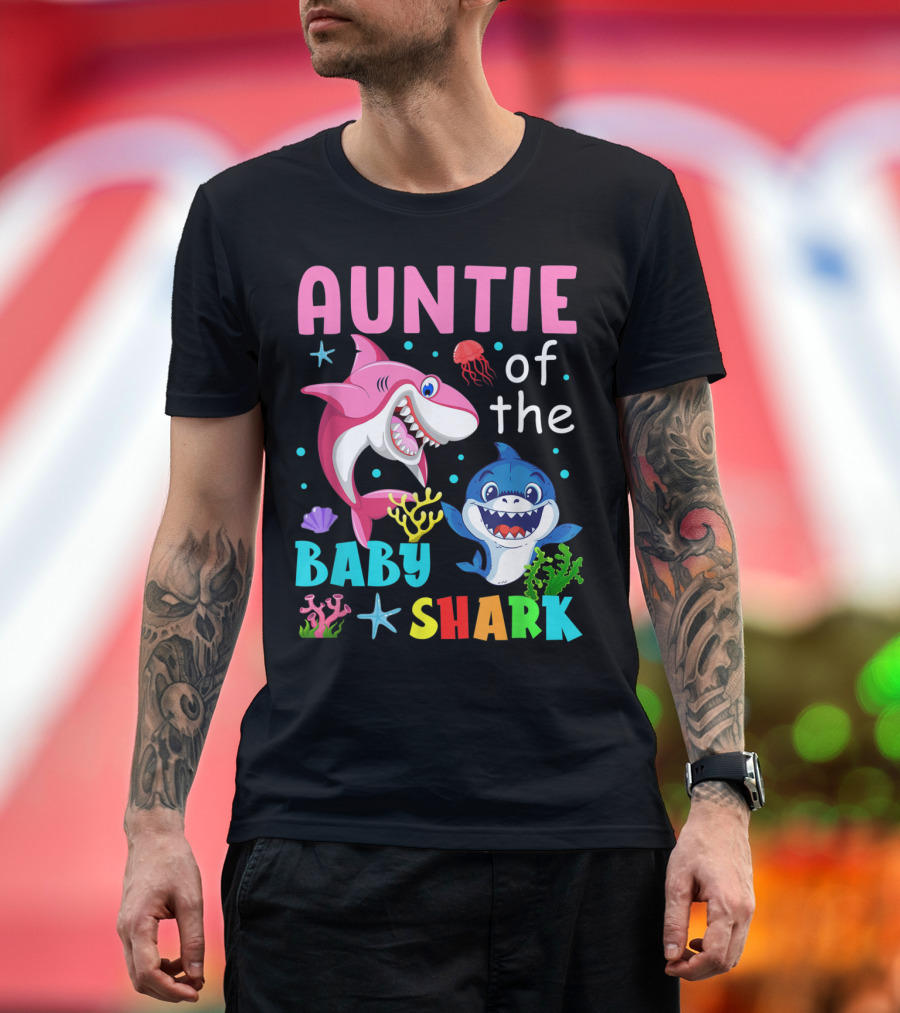 Auntie of the Baby Shark Birthday Theme with Colorful Sea Creatures T-Shirt