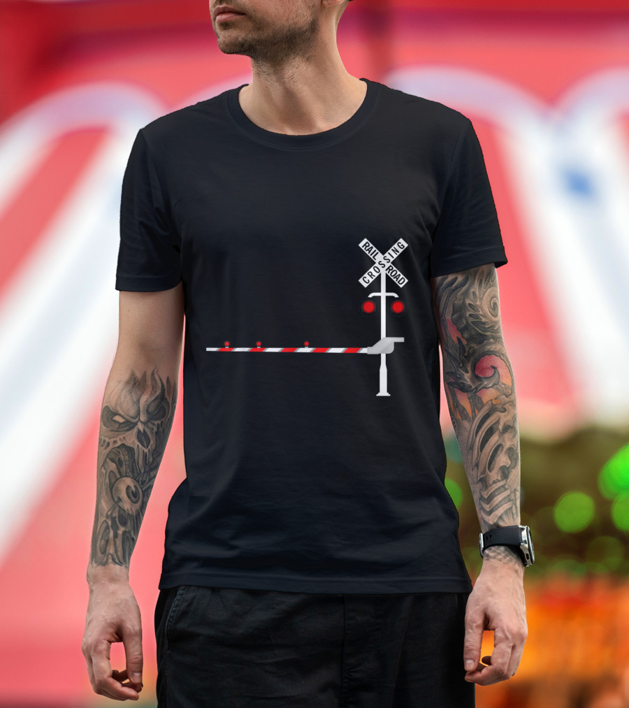 Railroad Crossing Barrier with Lights and Crossbuck Sign T-Shirt