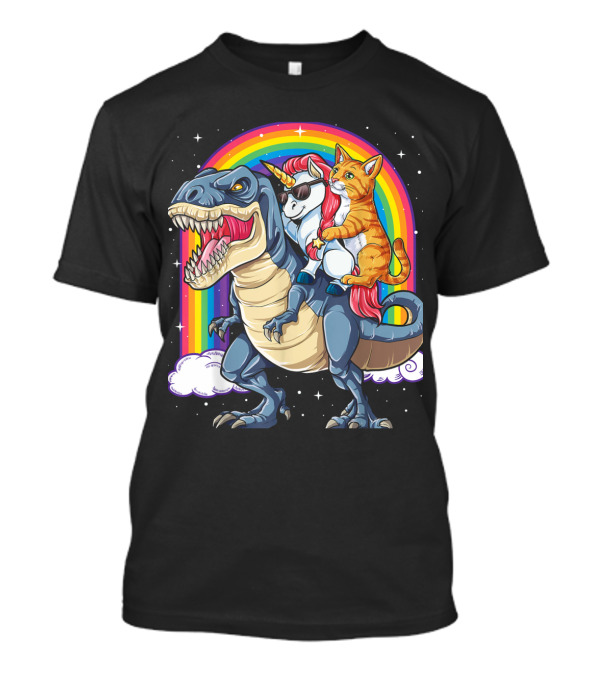 Unicorn Cat And T-Rex Adventure In Space Galaxy With Rainbow T-Shirt