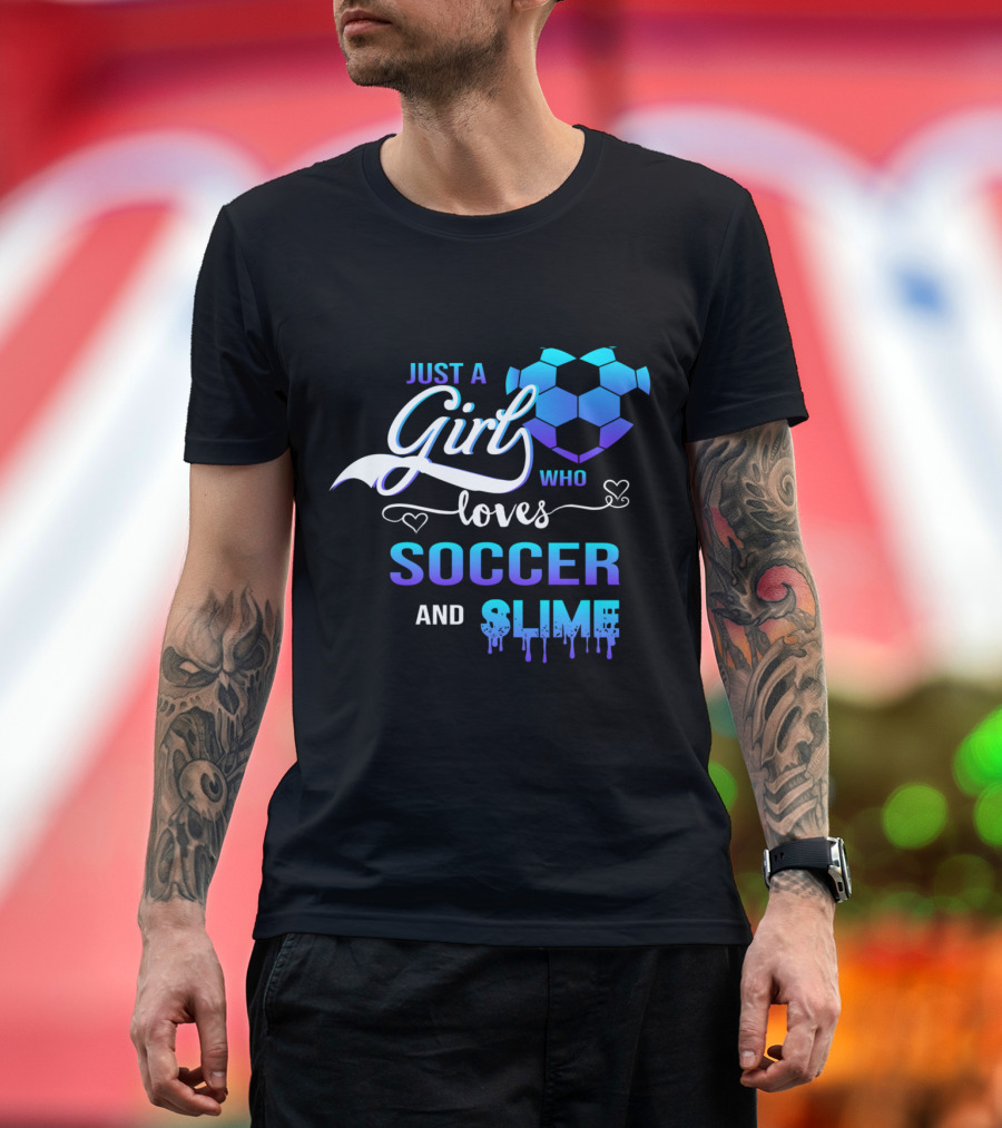 Just a Girl Who Loves Soccer and Slime with Blue Hexagon Soccer Ball and Dripping Text T-Shirt