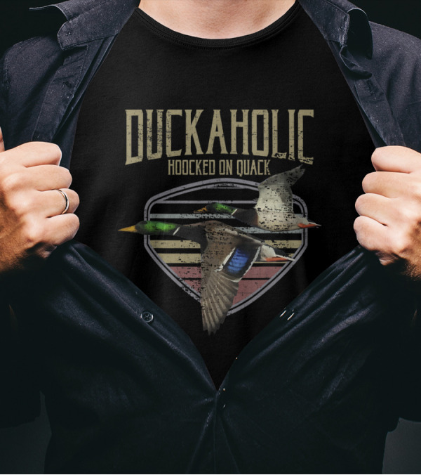 Duckaholic Hooked On Quack Flying Mallard Duck Badge T-Shirt