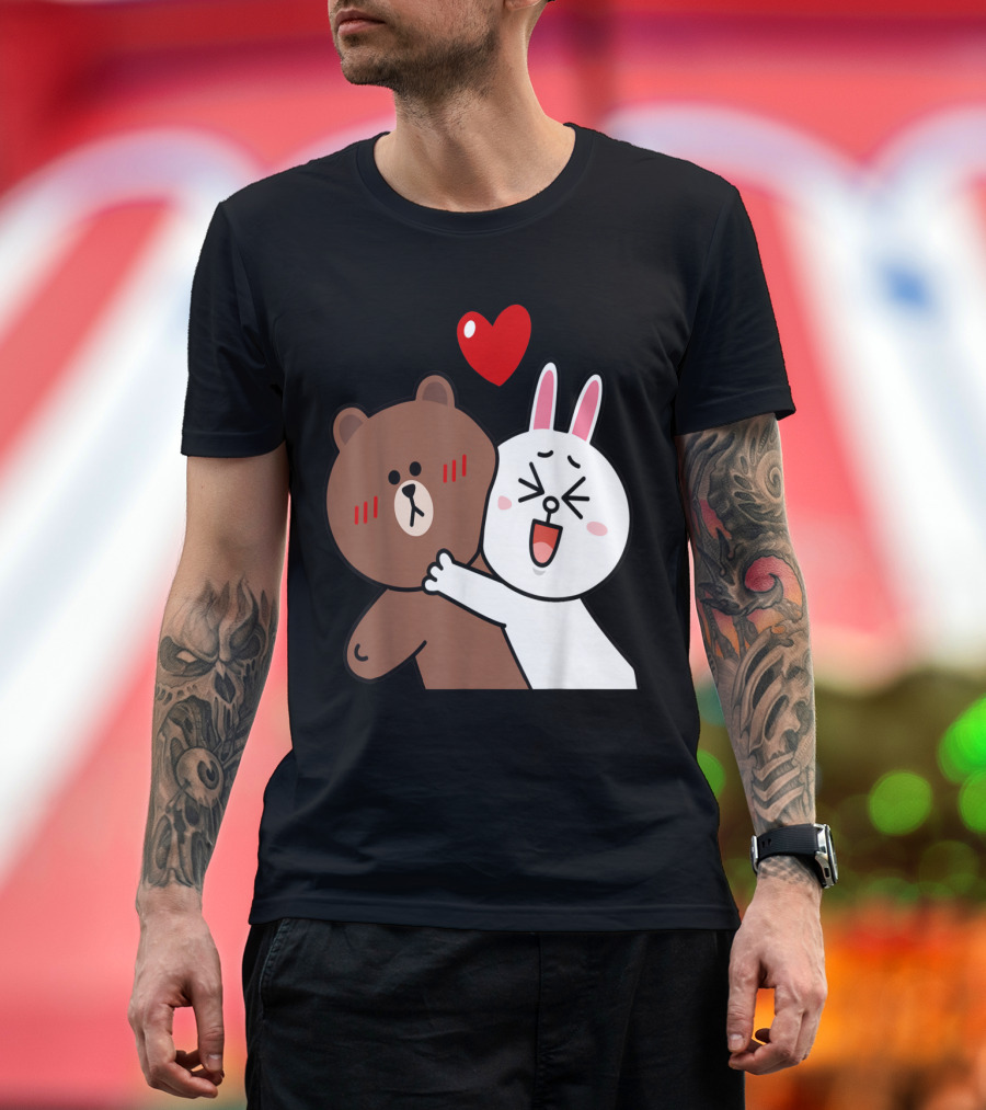 Cute Brown Bear and Cony Bunny Rabbit Valentine's Lovers Hugging Under Red Heart T-Shirt