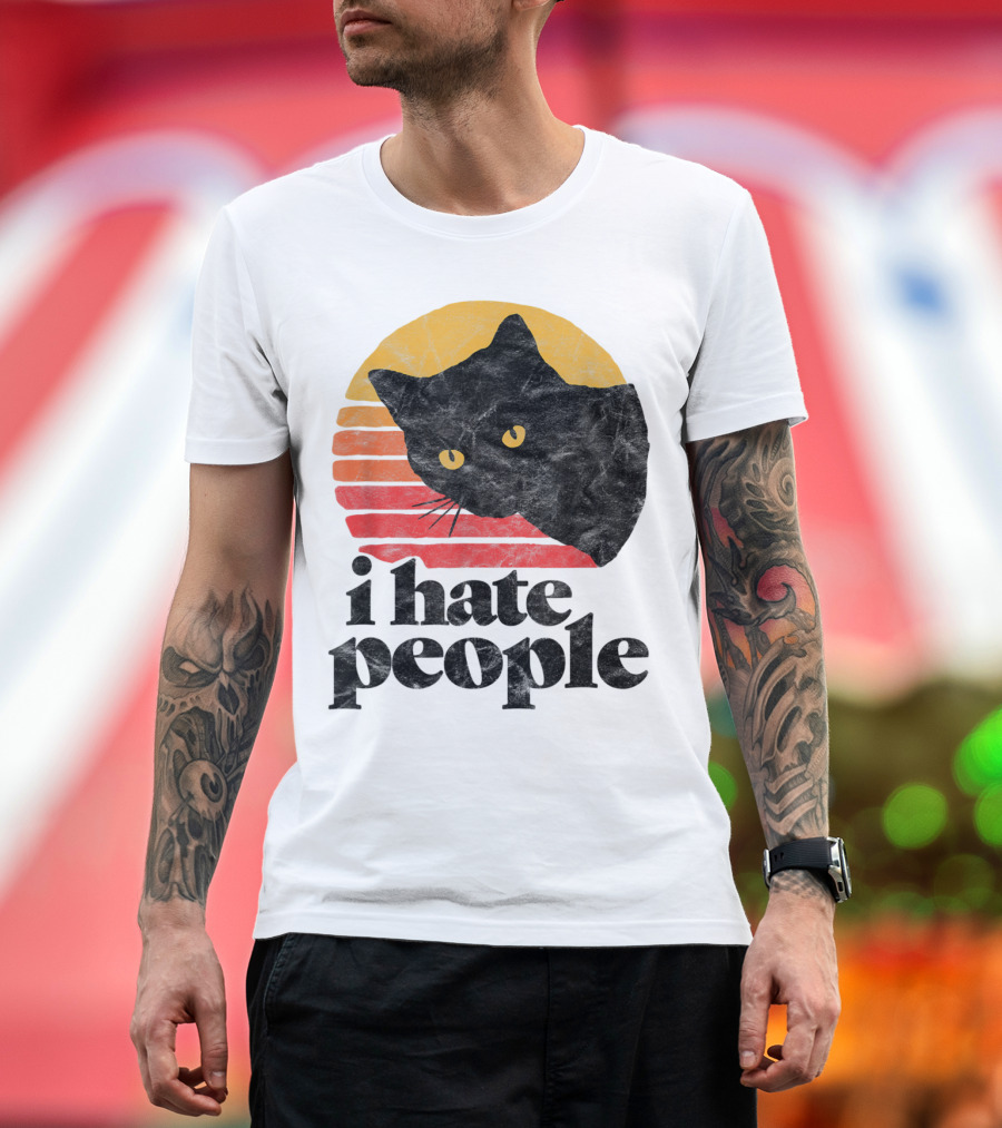 I Hate People Funny Vintage Style Cat Retro Sunset T-Shirt
