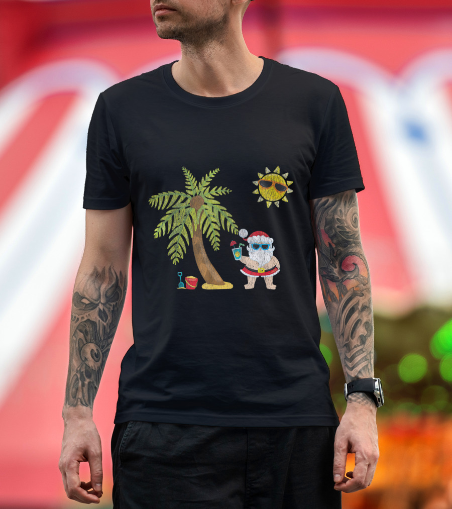 Santa Beach Tropical Christmas in July with Palm Trees and Sun T-Shirt