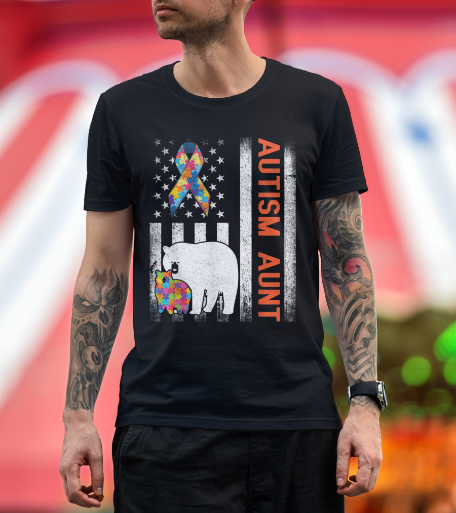 Autism Aunt Bears with Puzzle Ribbon on US Flag T-Shirt
