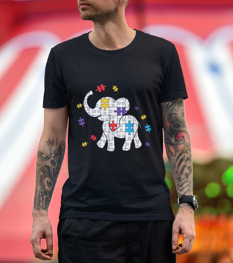 Elephant Autism Awareness Puzzle Proud Autist Colorful Pieces T-Shirt