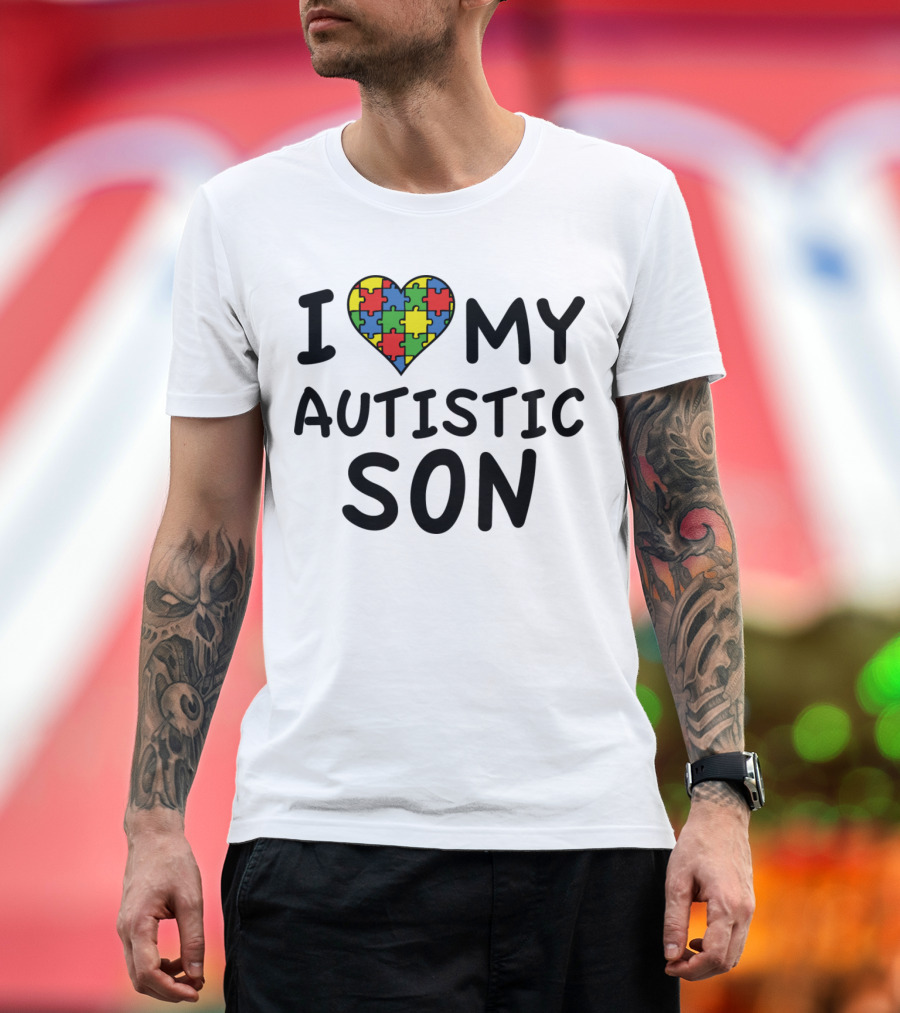 I Heart Puzzle Pattern Love My Autistic Son T-Shirt