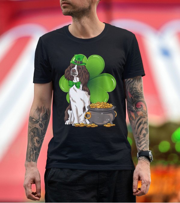 Premium T-Shirt: English Springer Spaniel St Patricks Day Leprechaun Dog with Clover and Pot of Gold T-Shirt English Springer Spaniel St Patricks Day Leprechaun Dog with Clover and Pot of Gold T-Shirt