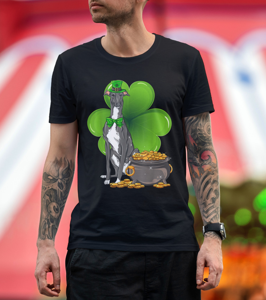 Greyhound in Leprechaun Hat and Bow Tie with Shamrock and Pot of Gold St Patricks Day T-Shirt