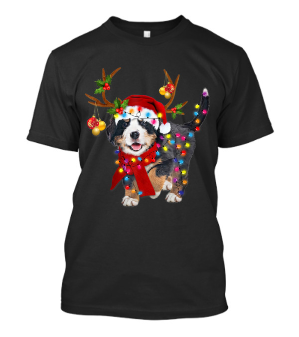 Tee89s Bernese Mountain Puppy With Christmas Lights And Reindeer Antlers T-Shirt