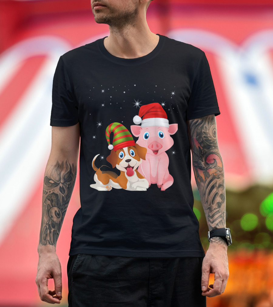 Christmas Dog and Pig in Santa Hats with Stars T-Shirt