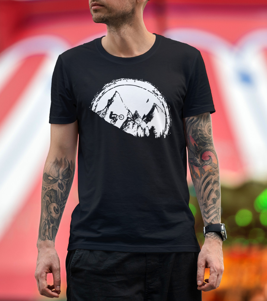 Mountain Bike Adventure Under the Full Moon with Silhouette of Rider and Mountain Peaks T-Shirt