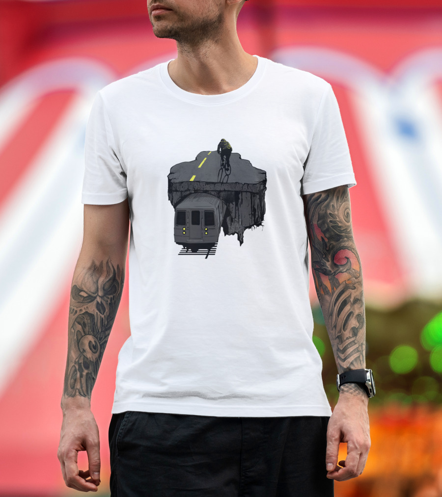 Ride Above Subway Tunnel Cyclist on Cliff Path T-Shirt