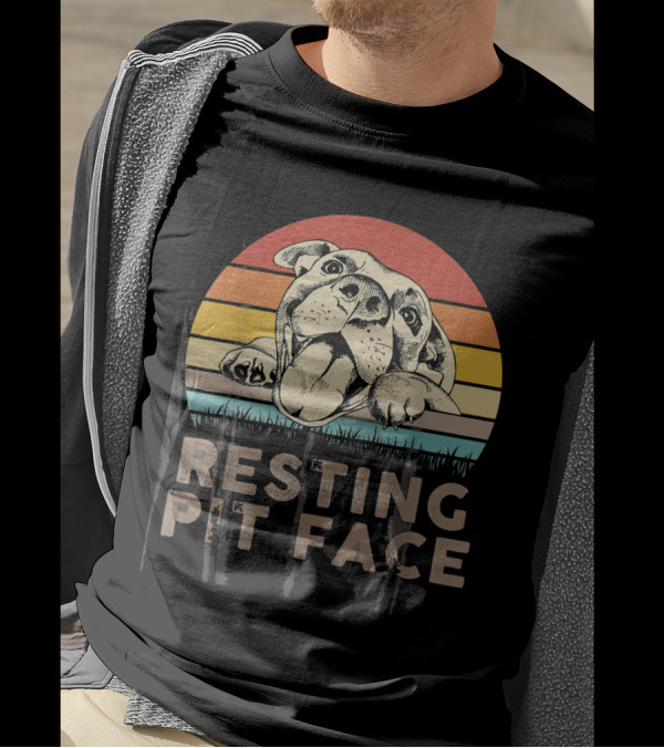 Retro Vintage Resting Pit Face Funny Pitbull Lover Sunrise Stripe T-Shirt