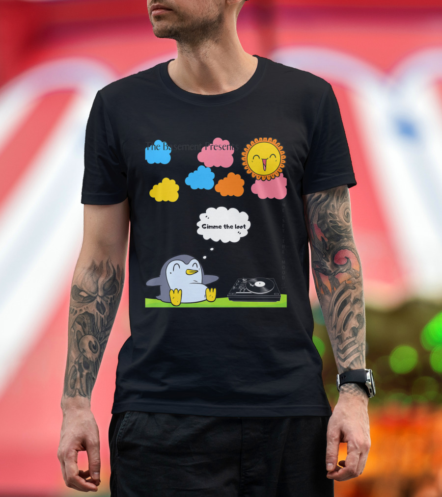 The Basement Presents Happy Place Gimme the Loot Cloud Penguin with Record Player and Sun T-Shirt