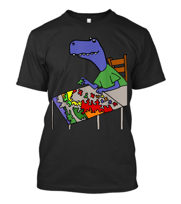 Smileteeshoba Funny Rex Dinosaur Solving Vibrant Jigsaw Puzzle T-Shirt