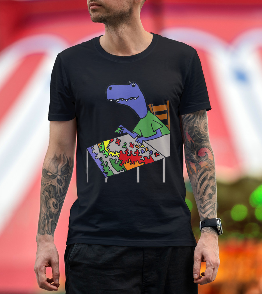 Smileteeshoba Funny Rex Dinosaur Solving Vibrant Jigsaw Puzzle T-Shirt